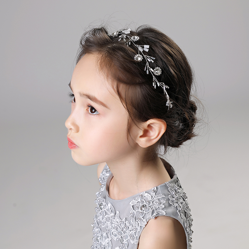 女童发饰儿童演出头饰时尚花童礼服配饰女孩饰品水钻花环头链银色