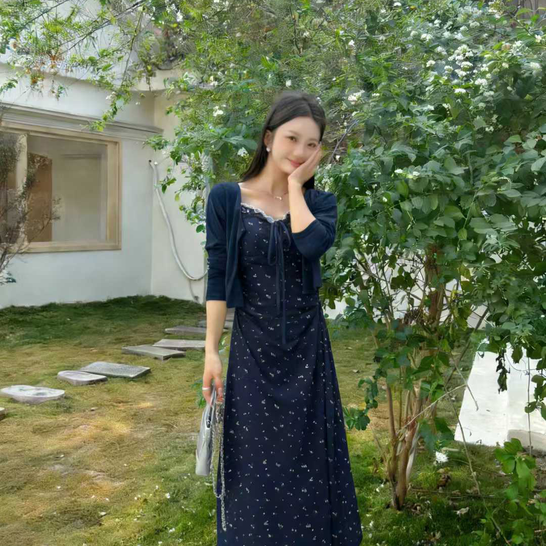 蕾丝碎花裙子开衫上衣两件套女春图片
