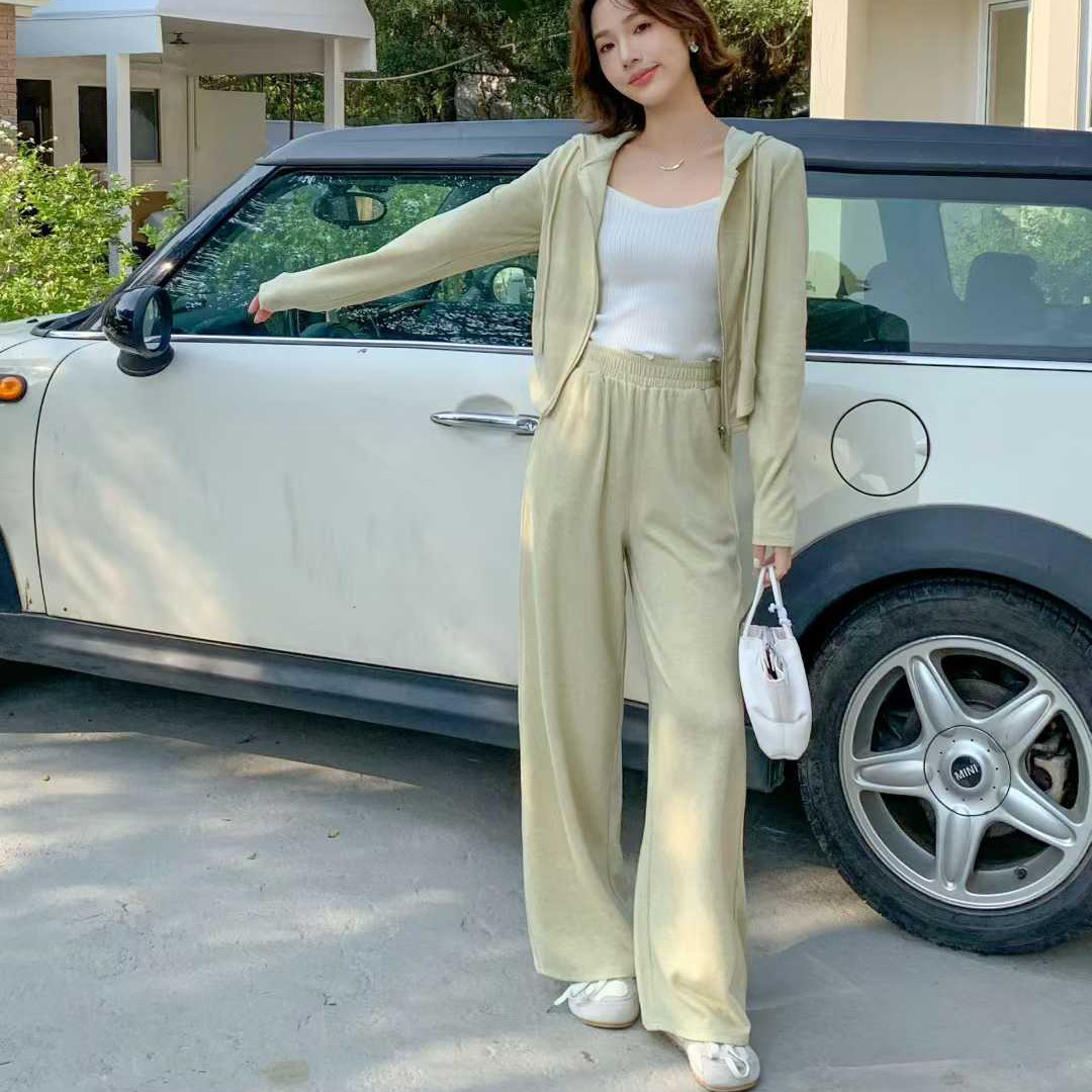 连帽拉链上衣松紧腰阔腿直筒裤子两件套2026春装新款宽松休闲套装