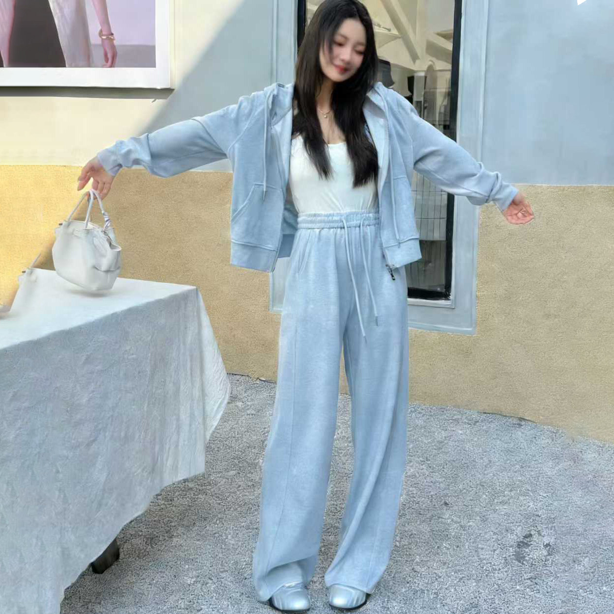 连帽拉链上衣松紧腰长裤两件套2026女士春装新款宽松休闲运动套装