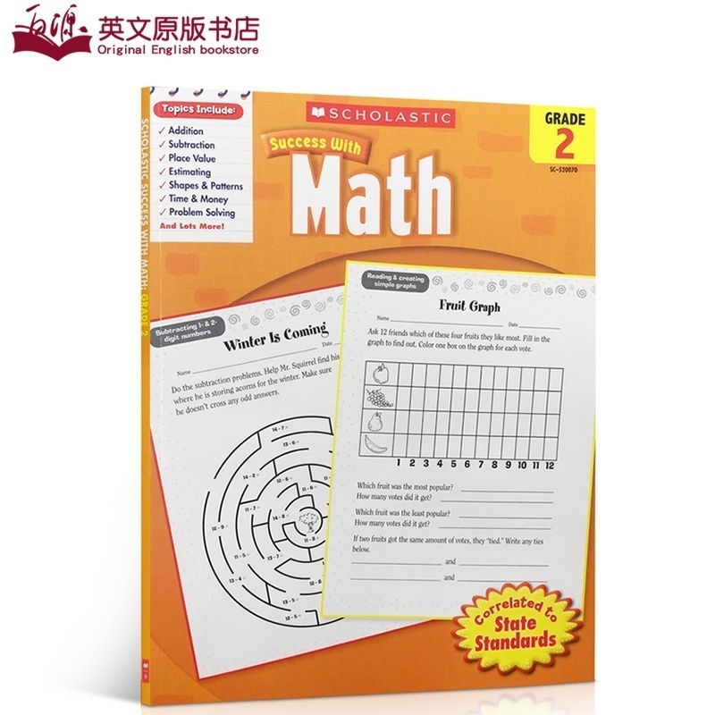 进口英文原版正版Scholastic Success with Math, Grade 2学乐成功系列成功英语:数学第二册练习本英语启蒙学习家庭教育带答案