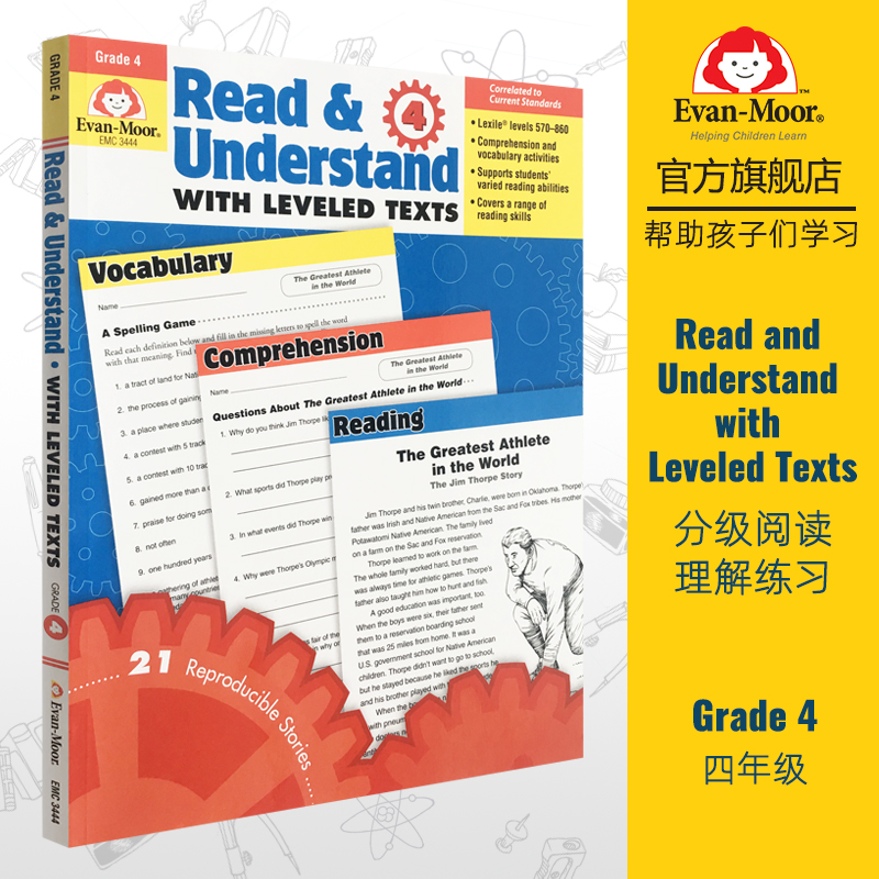 英文原版 Read and Understand with Leveled Texts Grade 4 分级阅读理解练习 四年级 亲子互动学习儿童英语课外英语练习册教辅 书籍/杂志/报纸 原版其它 原图主图