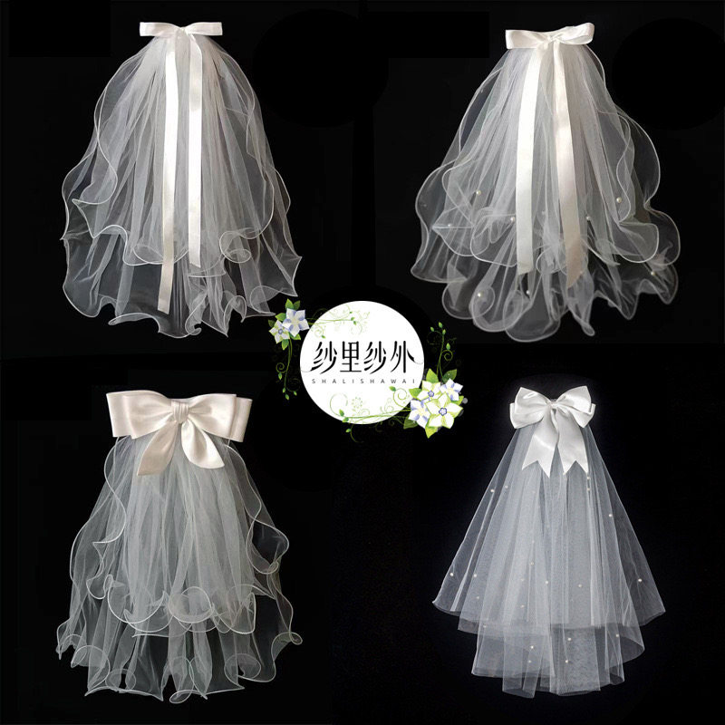 网红发光头纱带灯双层珍珠皇冠儿童拍照头纱蝴蝶结头饰幼儿园diy