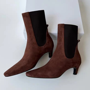 2025秋冬新款 直筒小猫跟中筒靴尖头细跟真皮弹力靴百搭短靴女 法式