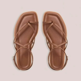 女真皮百搭夹脚平底凉拖鞋 方头套趾细带交叉露趾凉鞋 新款 2025夏季