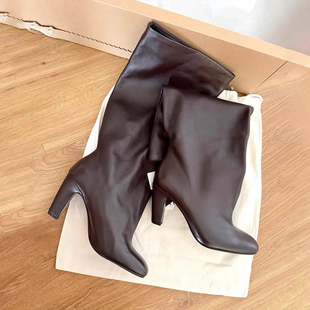 2025秋冬新款 复古圆头高跟长筒靴女真皮百搭宽筒骑士靴粗跟高筒靴