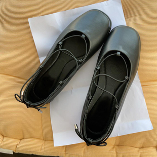 百搭休闲单鞋 2025新款 女真皮平底浅口芭蕾鞋 交叉绑带玛丽珍鞋 韩式