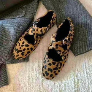 女真皮平底豹纹玛丽珍鞋 2025早春新款 复古圆头马毛交叉带浅口单鞋