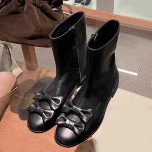 2025秋冬新款 圆头蝴蝶结侧拉链短靴女真皮百搭短筒马丁靴裸靴 韩版