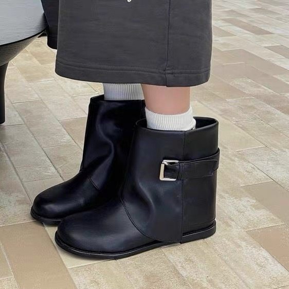 2025秋冬新款韩版圆头皮带扣裤管靴女真皮百搭平底堆堆靴时髦短靴,女鞋,时装靴,淘宝优惠券,粉丝福利购,淘宝优惠卷