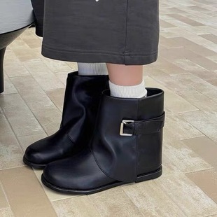管靴女真皮百搭平底堆堆靴时髦短靴 圆头皮带扣裤 2025秋冬新款 韩版