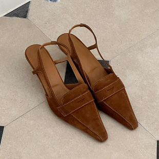 女真皮百搭浅口小猫跟一脚蹬凉鞋 2025新款 复古尖头后绊带包头单鞋