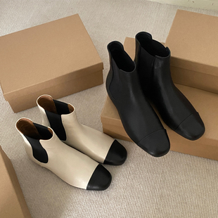 2025秋冬新款 真皮拼色小香风短靴女圆头百搭平底瘦瘦靴踝靴子 韩版
