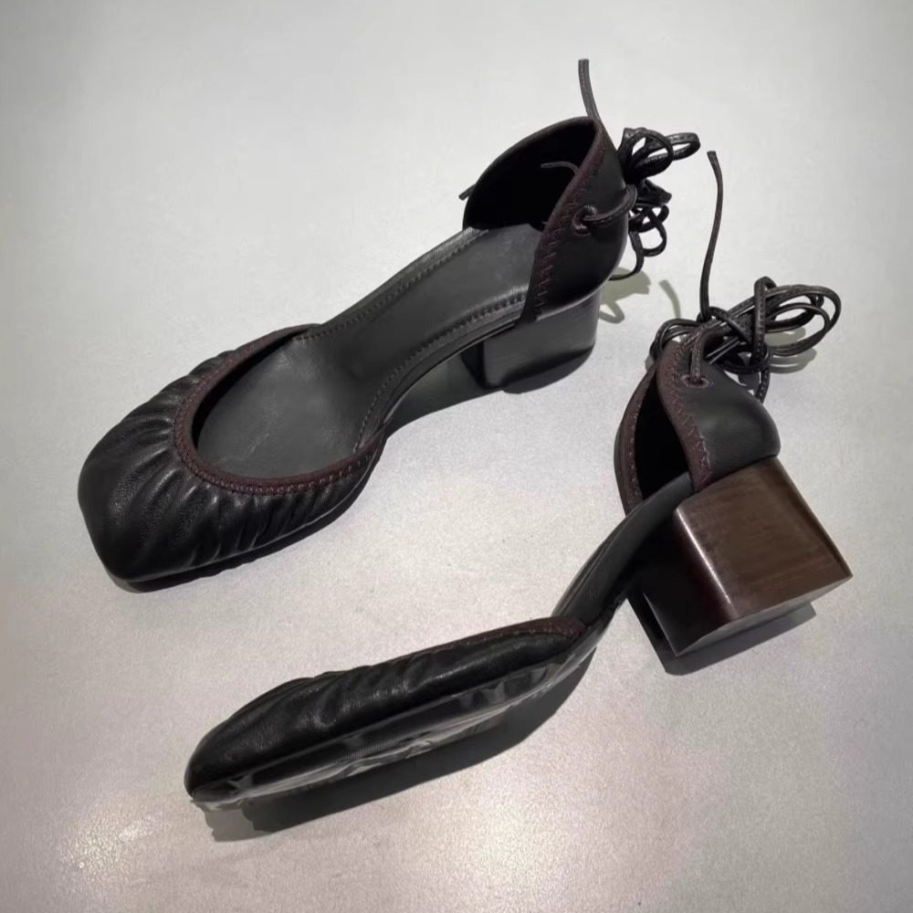 2025夏季新款交叉绑带中空浅口单鞋女真皮粗跟包头凉鞋玛丽珍鞋夏