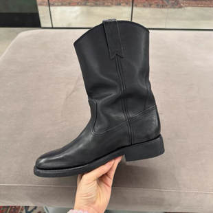2025秋冬新款 圆头宽筒粗跟中筒靴女真皮低跟西部牛仔靴短靴女 韩版