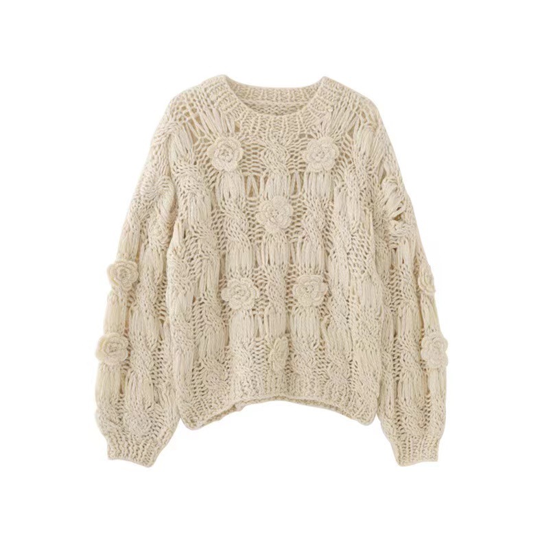 MMC 25秋冬新品设计感小众麻花拧结手工粗线镂空圆领针织毛衣女