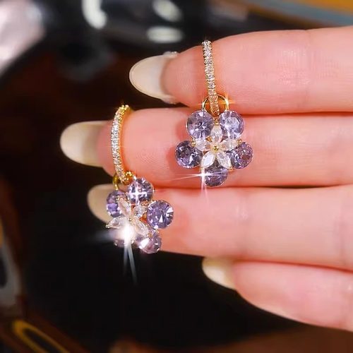 奥特莱斯品牌专柜限时特价紫色水钻花朵耳环925银针outlets女配饰