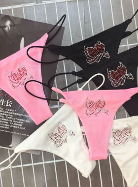 闪钻辣妹纯欲风双层细带性感丁字裤低腰Tback细带丝滑可爱猫烫钻