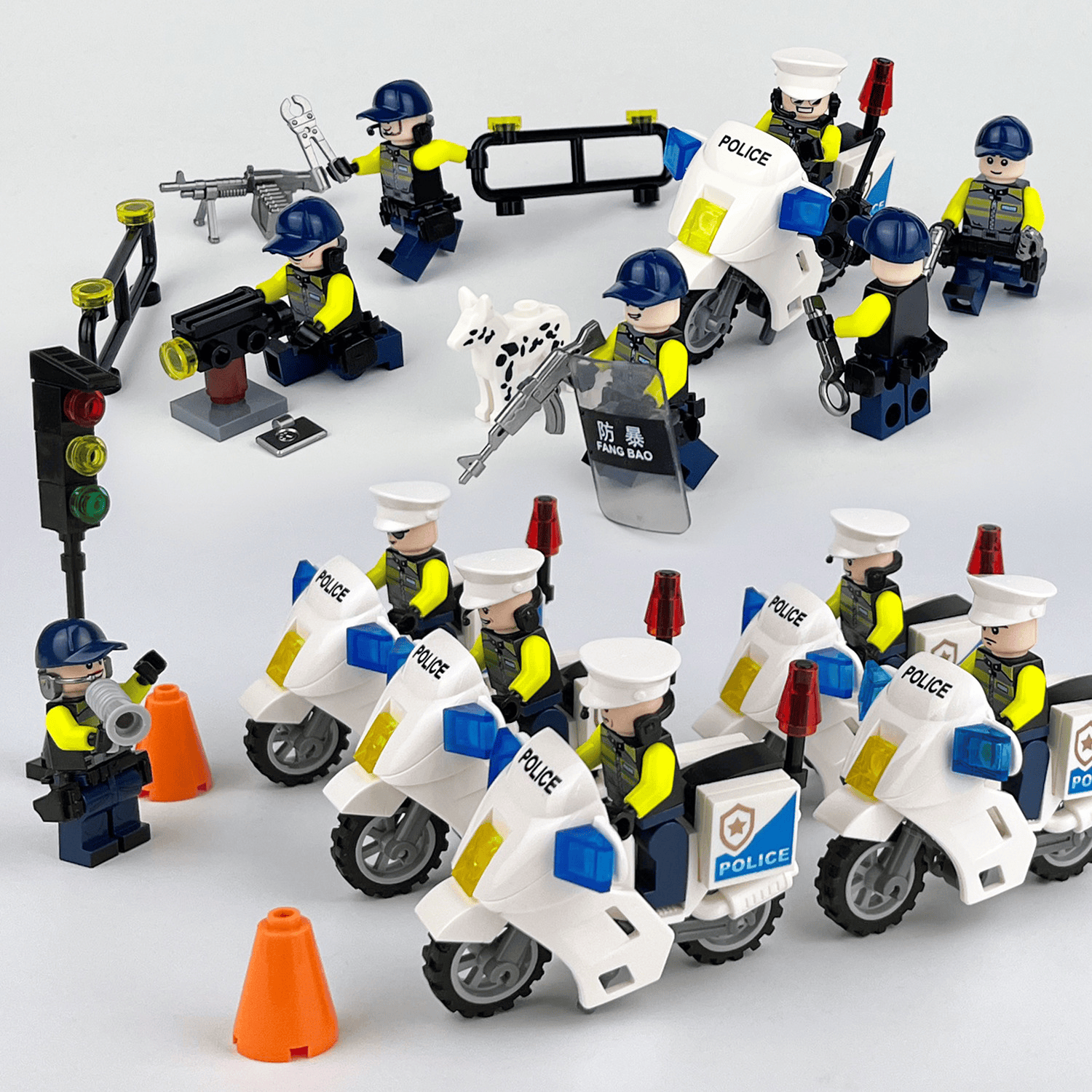 中国积木MOC城市警察交通指挥场景国宾护卫队铁骑交警模型摩托车