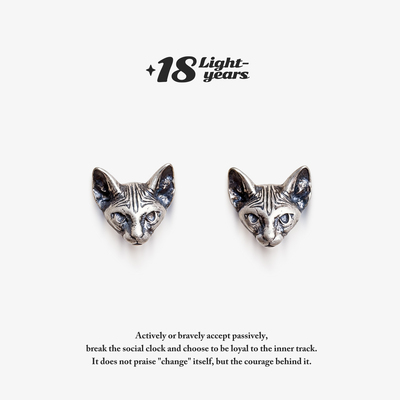 18光年暗夜s925纯银小猫咪耳钉猫耳饰品复古做旧礼物情人节