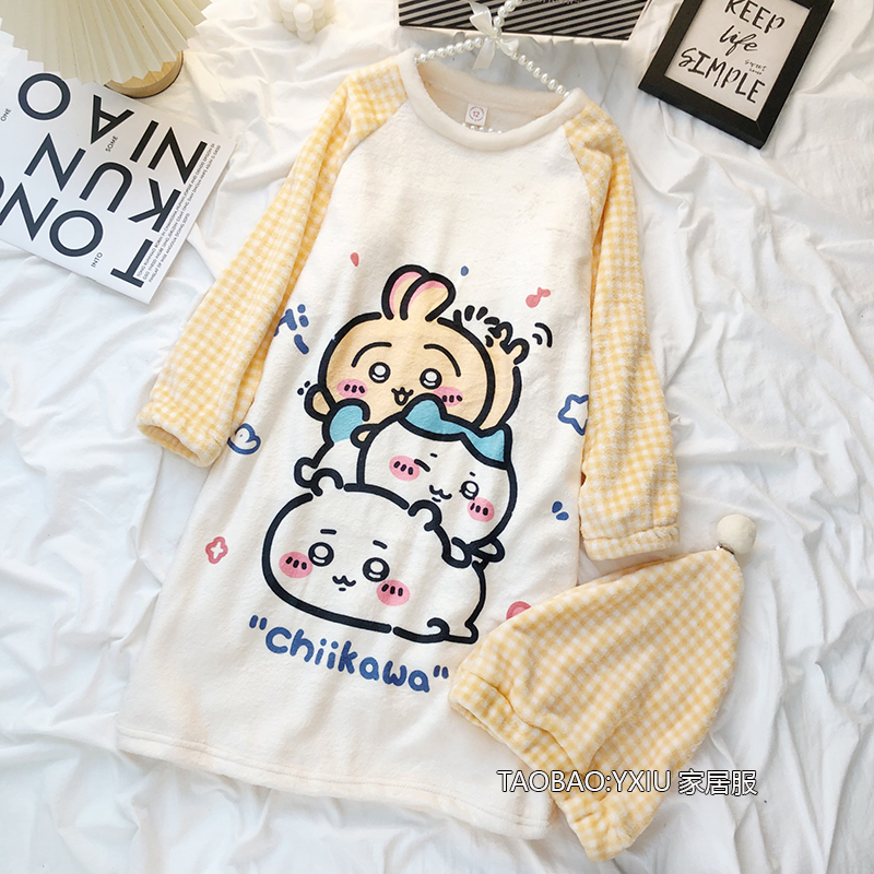 chikawa吉伊卡哇儿童睡裙珊瑚绒女童秋冬季法兰绒小八家居服睡衣