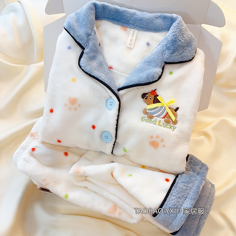 女童法兰绒睡衣冬季2025开衫腊肠狗男童保暖珊瑚绒儿童加厚家居服