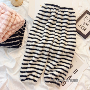 儿童珊瑚绒睡裤女童秋冬初中生居家裤中大童毛绒条纹长裤男孩冬款