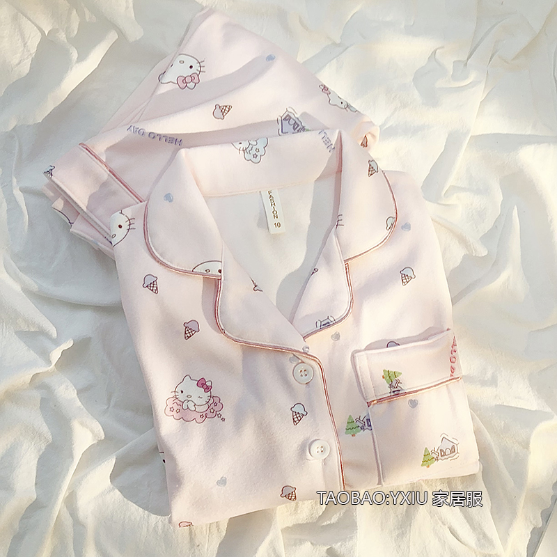可爱KT猫儿童睡衣女童秋冬季新款长袖德绒加厚女孩宝宝家居服套装