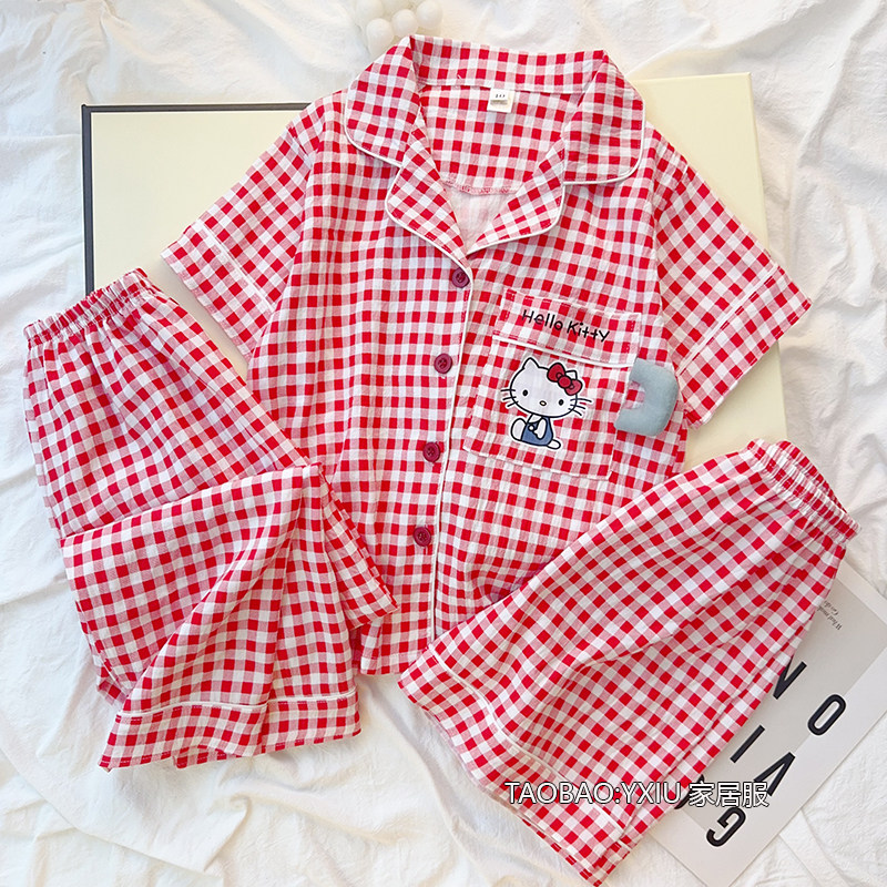 云朵棉儿童睡衣女童夏季薄款短袖三件套卡通kt猫红格子夏天亲子装