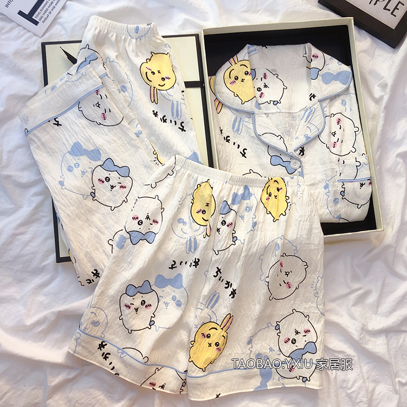 女童睡衣春秋儿童夏季短袖女孩三件套chikawa吉伊卡哇小八家居服