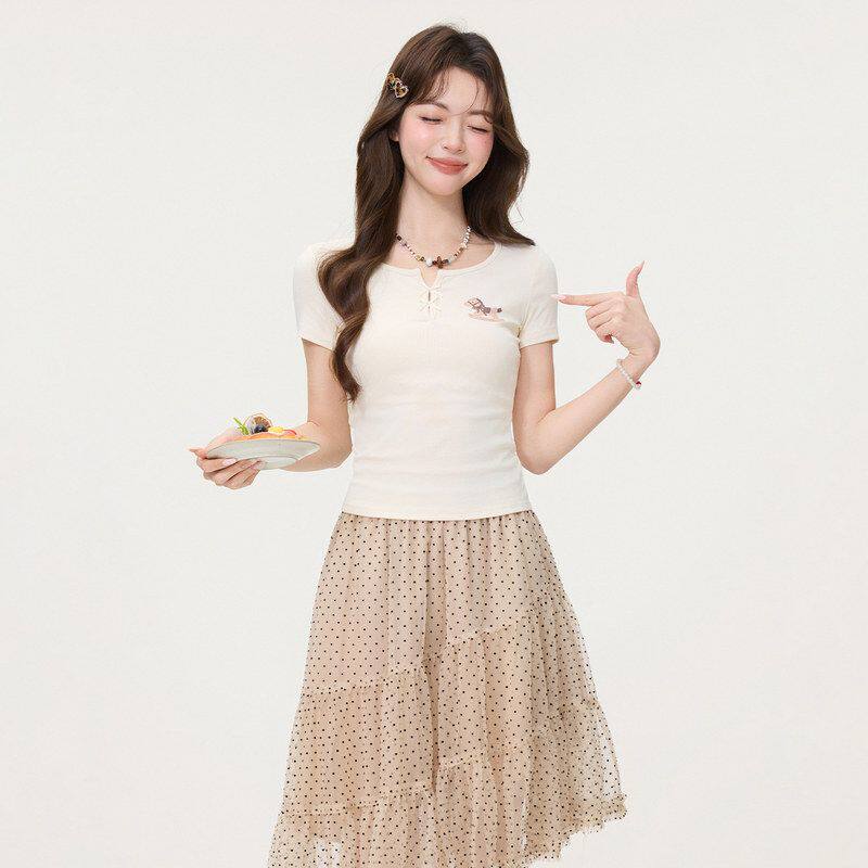 韩系米杏色半开领小马印花正肩短袖t恤女2026夏季新款短款小上衣