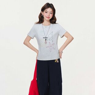 韩系上衣女 T恤2026春夏新款 美式 复古圆领正肩贝壳刺绣设计感短袖