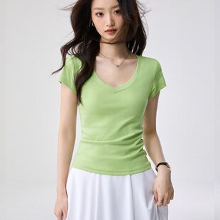 显瘦打底上衣 夏简约百搭修身 汇美精梳纯棉 包领贴深V领T恤女短袖