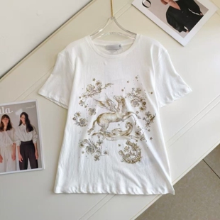 MIKO~26春夏 艺术感满满 飞马花卉刺绣短袖套头圆领棉麻混纺T恤女