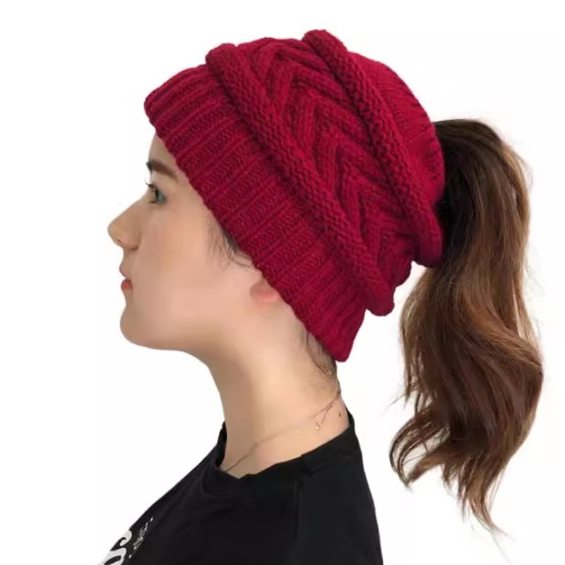 帽子女秋冬新款空顶毛线帽露马尾女孩可扎头发针织帽保暖护耳棉帽