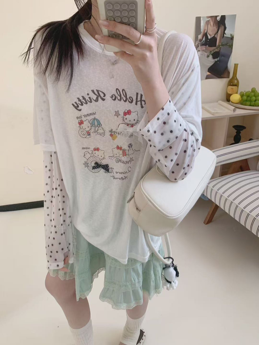 韩系设计感Kitty游泳猫波点假两件t宽松休闲百搭薄款显瘦防晒衫t