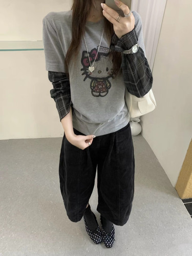 韩系复古kt猫咪印花格子拼袖长袖T早秋圆领宽松百搭显瘦长袖t上衣