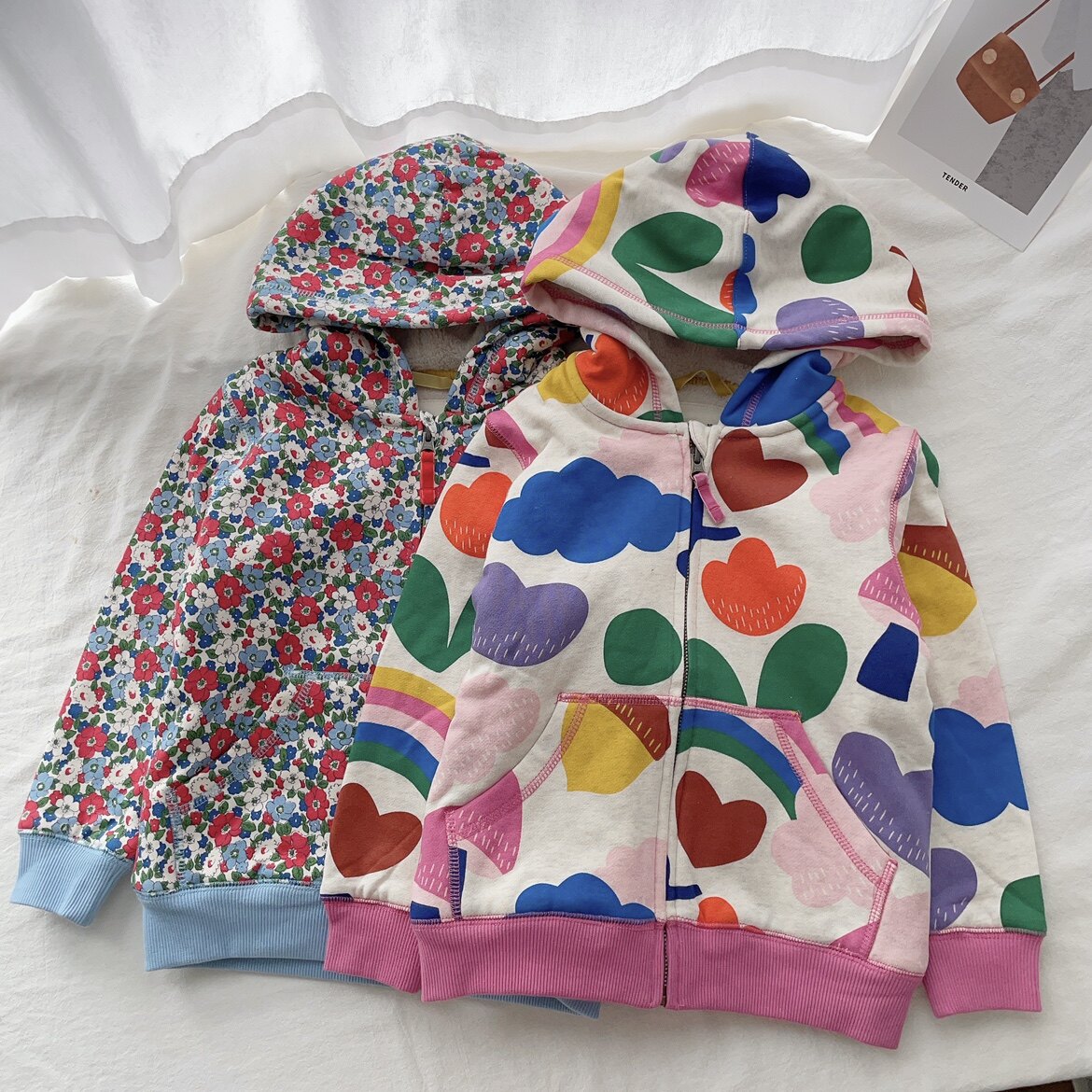116-164英单女童春秋BD纯棉彩虹碎花连帽加绒外套儿童拉链衫童装