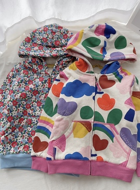 116-164英单女童春秋BD纯棉彩虹碎花连帽加绒外套儿童拉链衫童装