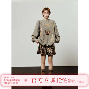 「周里物出品」灰色卫衣女2025秋季新款满印豹纹信徒印花休闲上衣