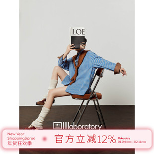 周里物/蓝色衬衫女2025秋季新款Polo领竖条纹拼接宽松设计感衬衣