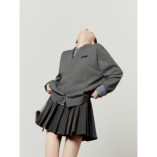 假俩件宽松休闲针织开衫 新款 女2026春季 「周里物出品」灰色针织衫