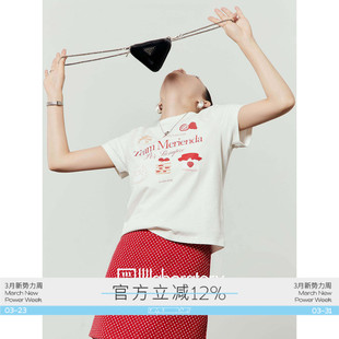 印花小清新圆领短袖 「周里物出品」冰淇淋白色T恤女2025夏季 新款