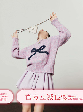 周里物/紫色毛衣女2026春季新款蝴蝶结宽松慵懒风圆领针织短上衣