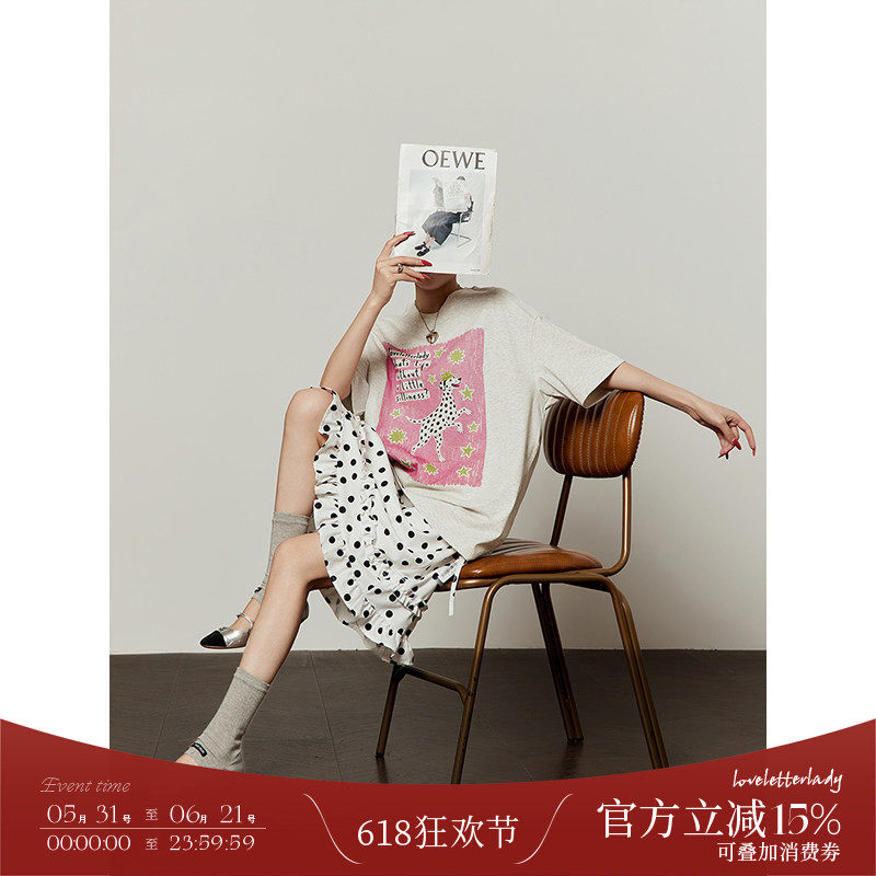 周里物/花灰斑点狗撞色印花t恤女2026新款夏季凉感宽松设计感短袖