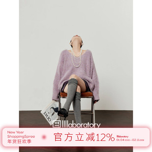 周里物/紫色毛衣女2025秋季新款大圆领慵懒风羊驼绒拉毛针织上衣