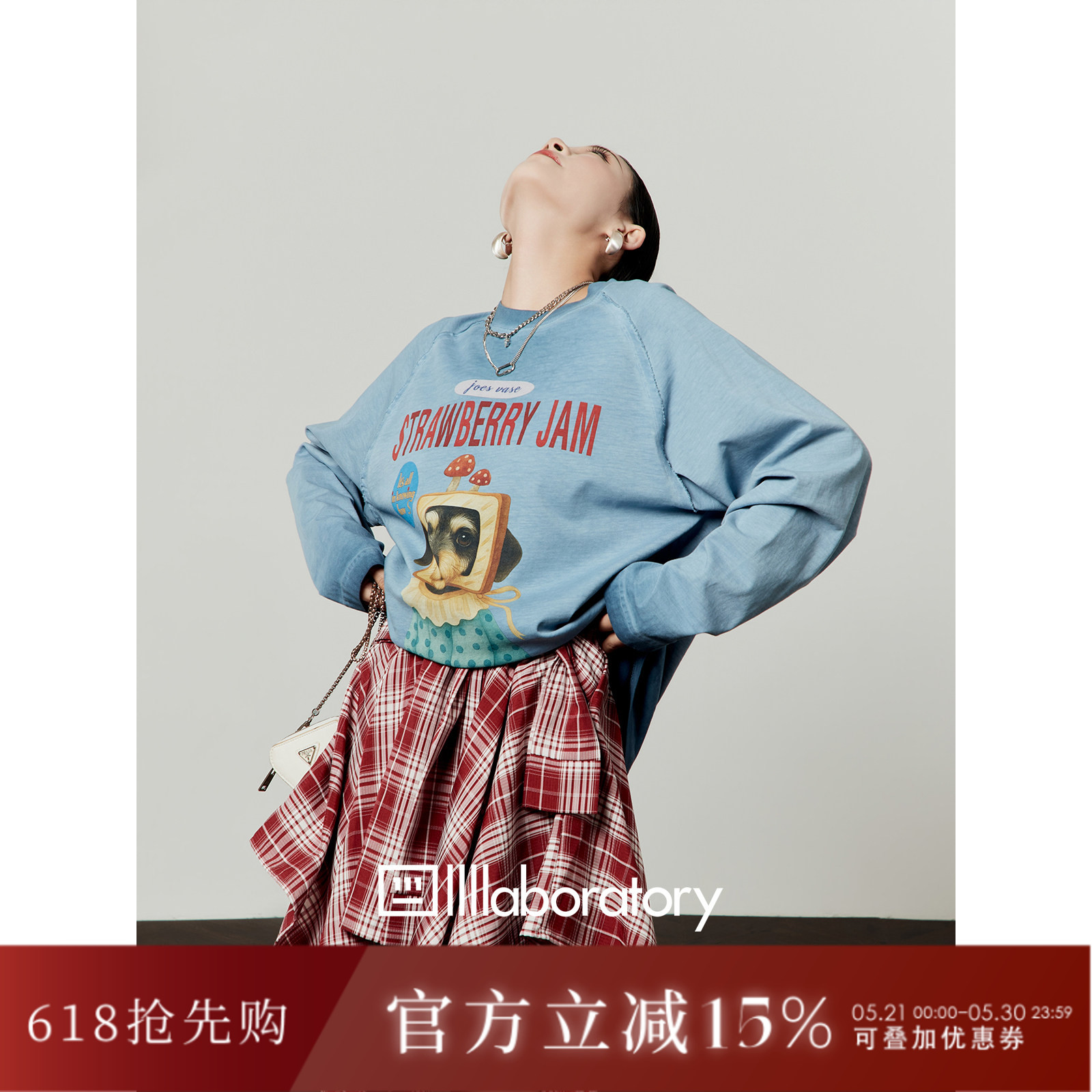 周里物出品「吐司狗」灰蓝色T恤女2026春季新款宽松休闲印花上衣