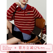 「周里物出品」红色毛衣女2025冬季 新款 翻横条纹撞色宽松针织上衣