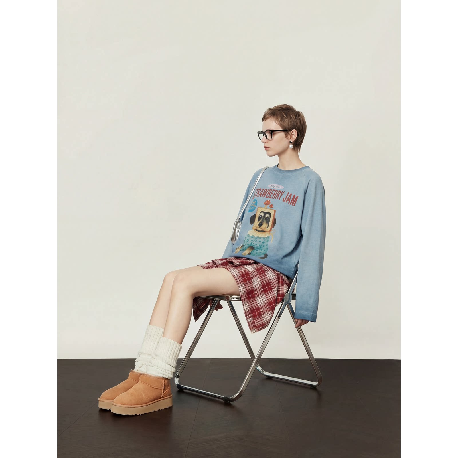 周里物出品「吐司狗」灰蓝色T恤女2026春季新款宽松休闲印花上衣