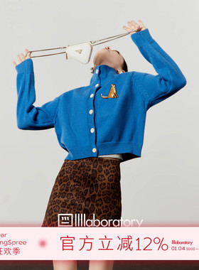周里物/蓝色毛衣女2025秋季新款豹纹绣章高领慵懒风宽松百搭开衫